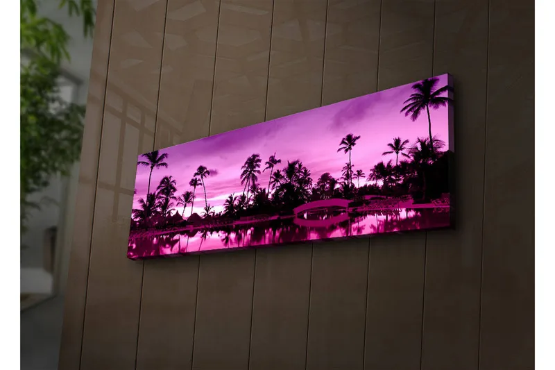 Lerretsbilde med LED-belysning 30x90 cm - Drømmende strandscene med palmer i skumringslyset - Lilla / Svart - Interiør - Maleri & posters - Lerretsbilder