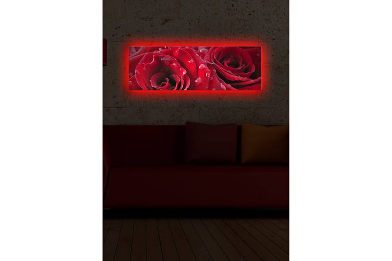 Lerretsbilde med LED-belysning 30x90 cm - Dyprøde roser med vanndråper - Rød / Grønn - Interiør - Maleri & posters - Lerretsbilder