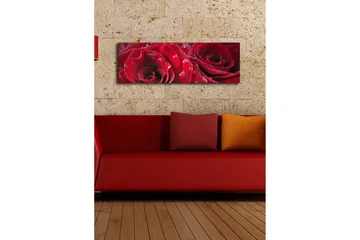 Lerretsbilde med LED-belysning 30x90 cm - Dyprøde roser med vanndråper - Rød / Grønn - Interiør - Maleri & posters - Lerretsbilder