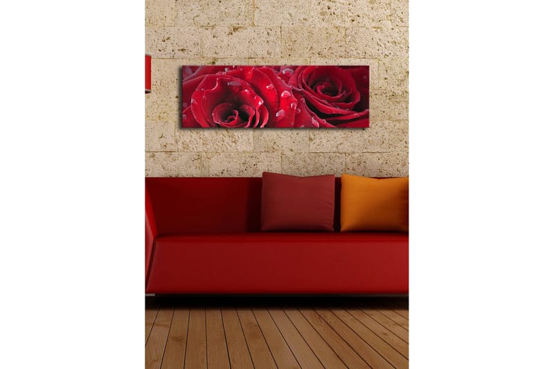 Lerretsbilde med LED-belysning 30x90 cm - Dyprøde roser med vanndråper - Rød / Grønn - Interiør - Maleri & posters - Lerretsbilder