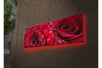 Lerretsbilde med LED-belysning 30x90 cm - Dyprøde roser med vanndråper - Rød / Grønn - Interiør - Maleri & posters - Lerretsbilder