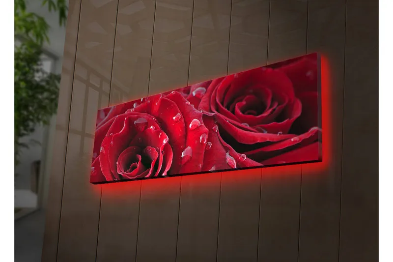 Lerretsbilde med LED-belysning 30x90 cm - Dyprøde roser med vanndråper, Rød / Grønn
