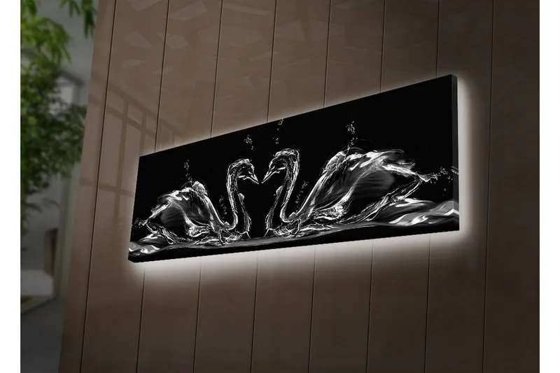 Lerretsbilde med LED-belysning 30x90 cm - Elegante svaner i vannbevegelse, Svart / Hvit / Grå
