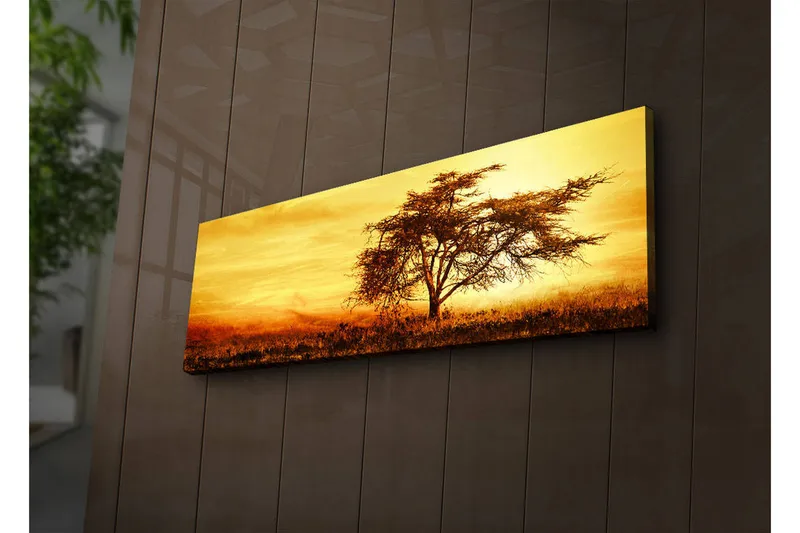 Lerretsbilde med LED-belysning 30x90 cm - Ensomt akasietre mot en gyllen solnedgang - Gull / Brun / Oransje - Interiør - Maleri & posters - Lerretsbilder