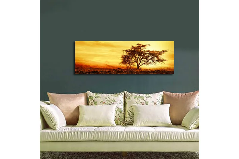 Lerretsbilde med LED-belysning 30x90 cm - Ensomt akasietre mot en gyllen solnedgang - Gull / Brun / Oransje - Interiør - Maleri & posters - Lerretsbilder