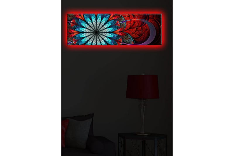 Lerretsbilde med LED-belysning 30x90 cm - Fargerik abstrakt komposisjon med blomsterlignende mønster - Rød / Turkis / Grå - Interiør - Maleri & posters - Lerretsbilder
