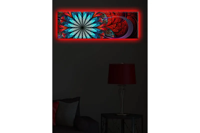 Lerretsbilde med LED-belysning 30x90 cm - Fargerik abstrakt komposisjon med blomsterlignende mønster - Rød / Turkis / Grå - Interiør - Maleri & posters - Lerretsbilder