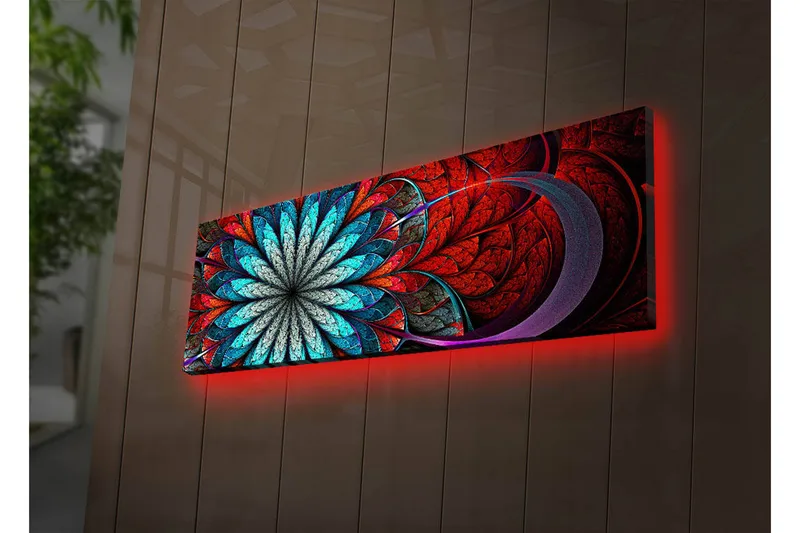 Lerretsbilde med LED-belysning 30x90 cm - Fargerik abstrakt komposisjon med blomsterlignende mønster - Rød / Turkis / Grå - Interiør - Maleri & posters - Lerretsbilder