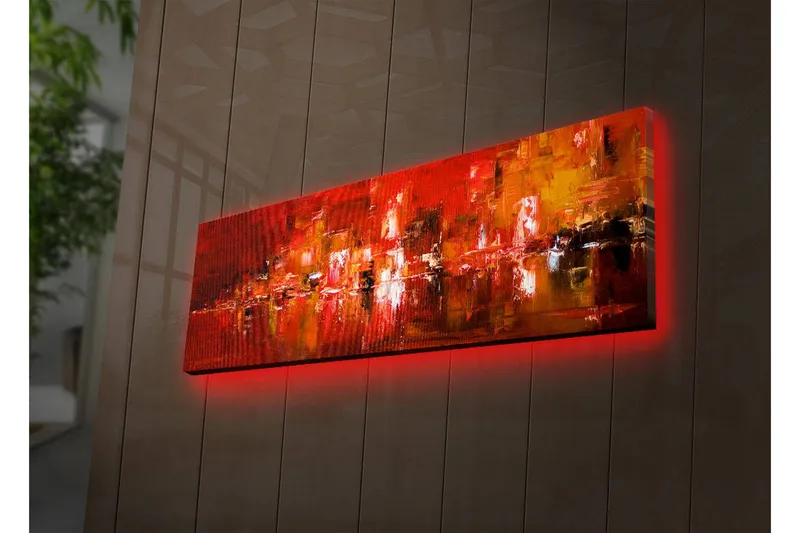 Lerretsbilde med LED-belysning 30x90 cm - Fargerik abstrakt komposisjon med elementer av rødt og oransje - Rød / Oransje / Svart - Interiør - Maleri & posters - Lerretsbilder