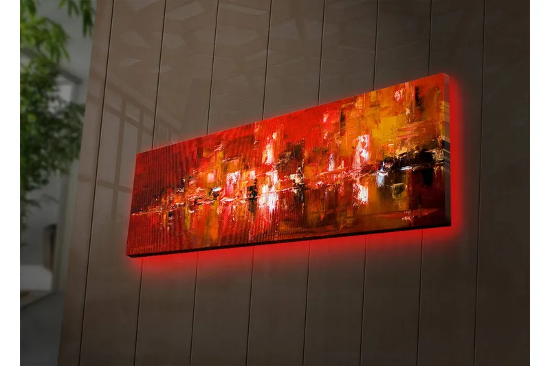 Lerretsbilde med LED-belysning 30x90 cm - Fargerik abstrakt komposisjon med elementer av rødt og oransje - Rød / Oransje / Svart - Interiør - Maleri & posters - Lerretsbilder