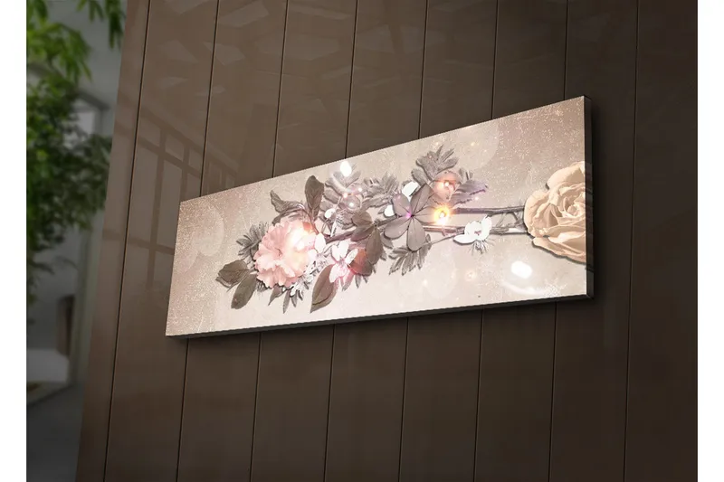 Lerretsbilde med LED-belysning 30x90 cm - Fargerik blomsteroppsats med roser og blader - Lys rosa / Grønn / Beige - Interiør - Maleri & posters - Lerretsbilder
