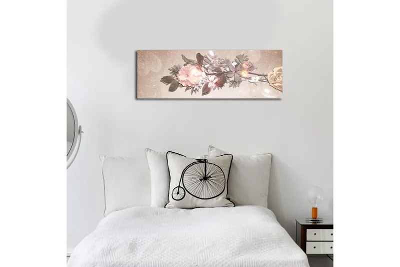 Lerretsbilde med LED-belysning 30x90 cm - Fargerik blomsteroppsats med roser og blader - Lys rosa / Grønn / Beige - Interiør - Maleri & posters - Lerretsbilder