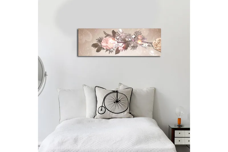 Lerretsbilde med LED-belysning 30x90 cm - Fargerik blomsteroppsats med roser og blader - Lys rosa / Grønn / Beige - Interiør - Maleri & posters - Lerretsbilder