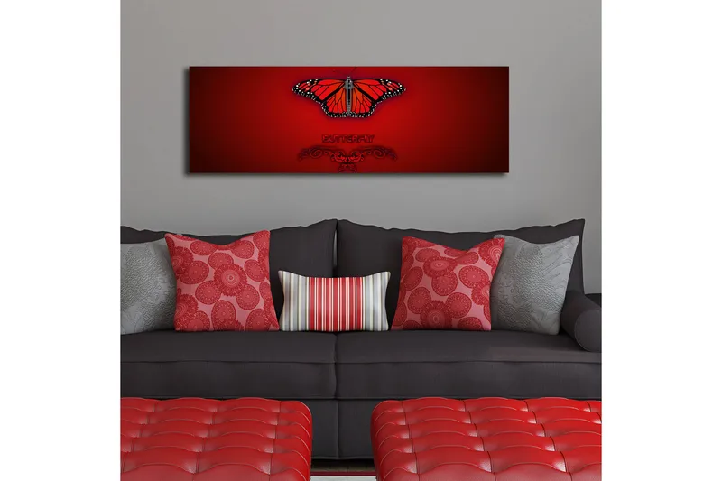 Lerretsbilde med LED-belysning 30x90 cm - Fargerik sommerfugl med detaljerte vinger - Rød / Svart / Oransje - Interiør - Maleri & posters - Lerretsbilder