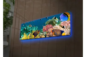 Lerretsbilde med LED-belysning 30x90 cm - Fargerik undervannsscene med tropiske fisker og koraller - Blå / Gul / Rosa - Interiør - Maleri & posters - Lerretsbilder