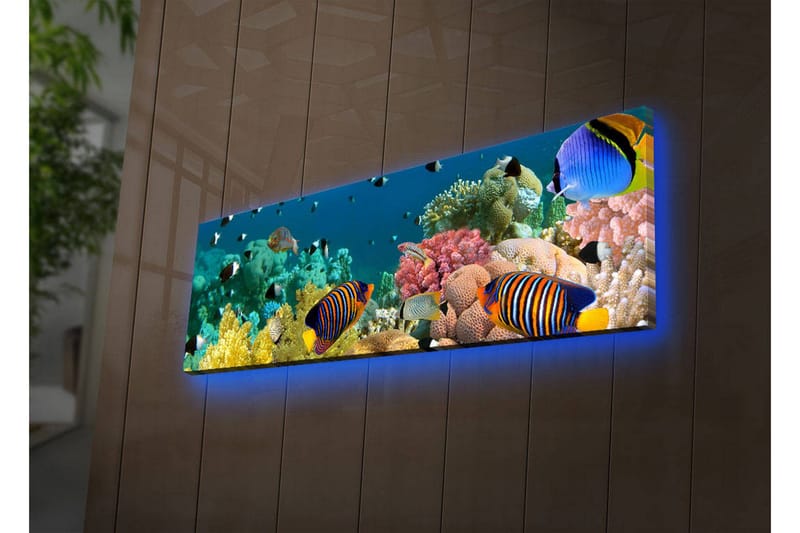 Lerretsbilde med LED-belysning 30x90 cm - Fargerik undervannsscene med tropiske fisker og koraller - Blå / Gul / Rosa - Interiør - Maleri & posters - Lerretsbilder