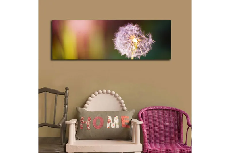 Lerretsbilde med LED-belysning 30x90 cm - Fjærlignende løvetann med myke fargeoverganger - Lilla / Gul / Grønn - Interiør - Maleri & posters - Lerretsbilder