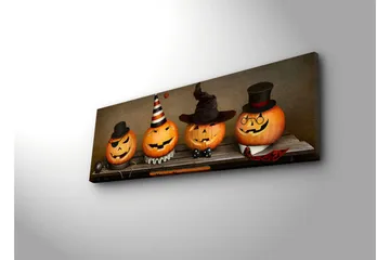 Lerretsbilde med LED-belysning 30x90 cm - Glade gresskar kledd til Halloween - Oransje / Svart / Hvit - Interiør - Maleri & posters - Lerretsbilder