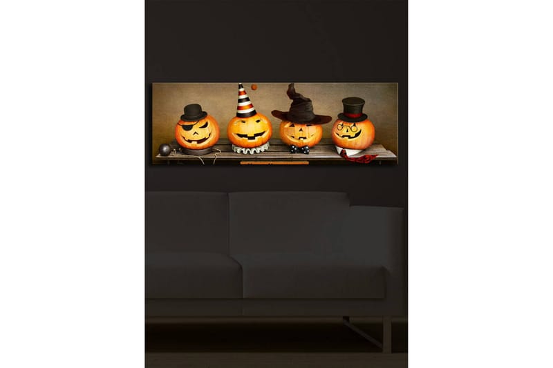 Lerretsbilde med LED-belysning 30x90 cm - Glade gresskar kledd til Halloween - Oransje / Svart / Hvit - Interiør - Maleri & posters - Lerretsbilder