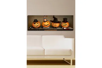 Lerretsbilde med LED-belysning 30x90 cm - Glade gresskar kledd til Halloween - Oransje / Svart / Hvit - Interiør - Maleri & posters - Lerretsbilder