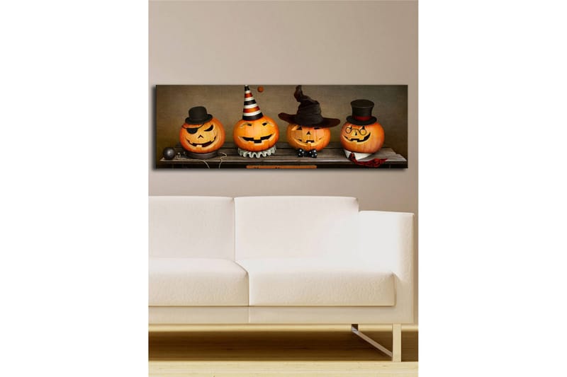 Lerretsbilde med LED-belysning 30x90 cm - Glade gresskar kledd til Halloween - Oransje / Svart / Hvit - Interiør - Maleri & posters - Lerretsbilder