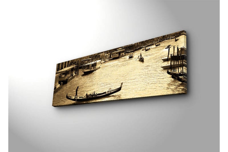 Lerretsbilde med LED-belysning 30x90 cm - Gondol på en speillignende kanal i et urbant miljø - Gull / Brun / Svart - Interiør - Maleri & posters - Lerretsbilder