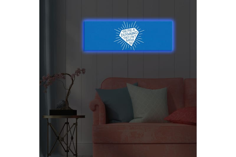Lerretsbilde med LED-belysning 30x90 cm - Inspirerende sitat om styrke og robusthet i et diamantformet design - Blå / Hvit - Interiør - Maleri & posters - Lerretsbilder