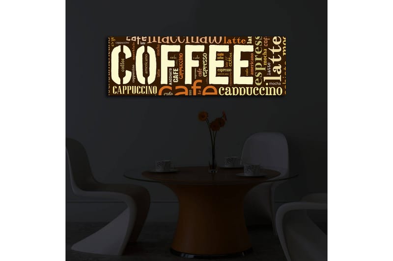 Lerretsbilde med LED-belysning 30x90 cm - Kaffeinspirert kunstverk med ulike kaffeuttrykk i typografi - Mørk brun / Lys brun / Beige - Interiør - Maleri & posters - Lerretsbilder
