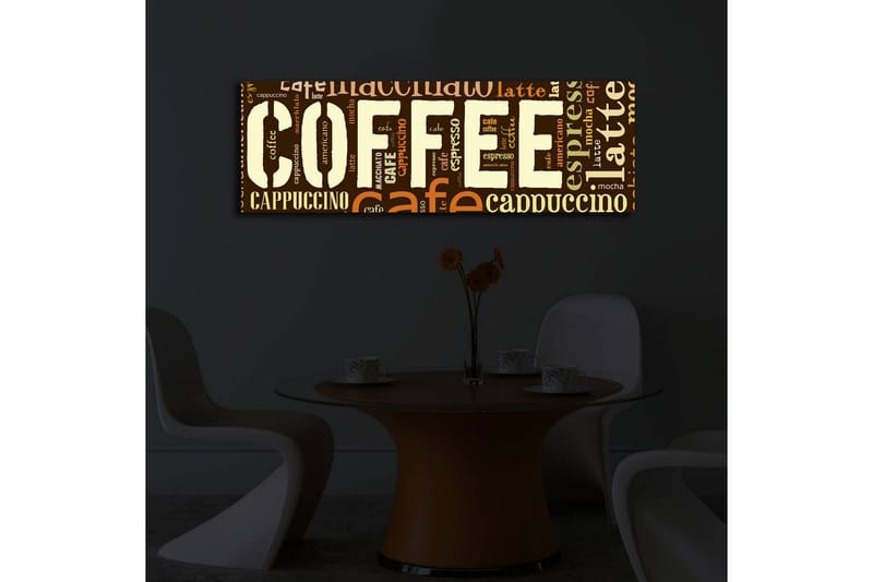 Lerretsbilde med LED-belysning 30x90 cm - Kaffeinspirert kunstverk med ulike kaffeuttrykk i typografi - Mørk brun / Lys brun / Beige - Interiør - Maleri & posters - Lerretsbilder