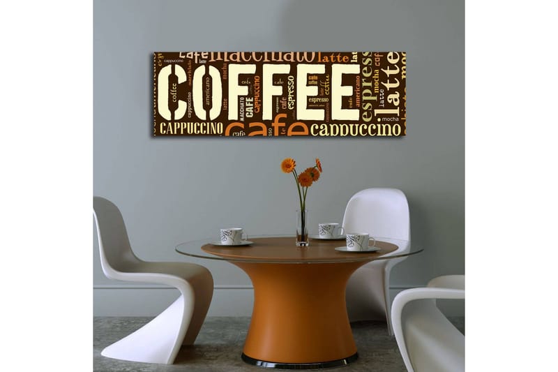 Lerretsbilde med LED-belysning 30x90 cm - Kaffeinspirert kunstverk med ulike kaffeuttrykk i typografi - Mørk brun / Lys brun / Beige - Interiør - Maleri & posters - Lerretsbilder