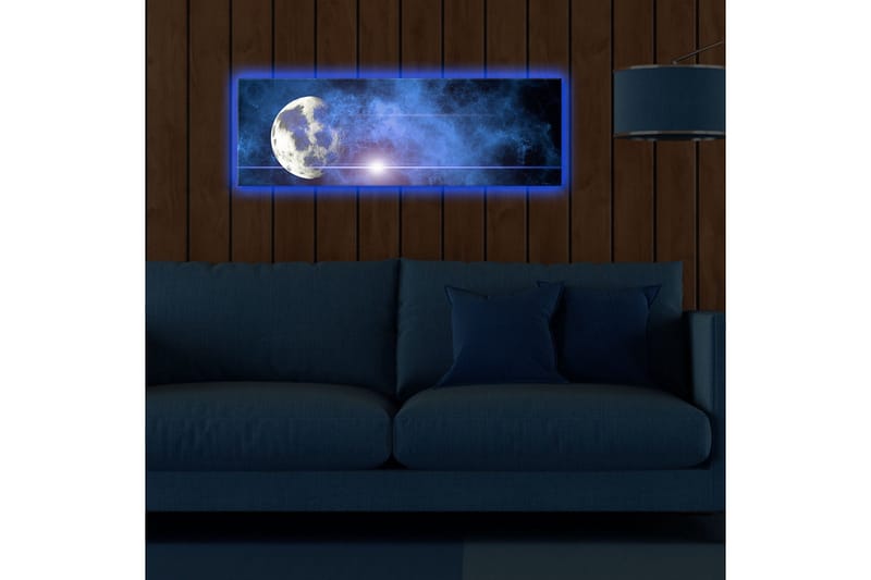 Lerretsbilde med LED-belysning 30x90 cm - Månen på en stjernehimmel med tåke - Mørk blå / Lys blå / Hvit - Interiør - Maleri & posters - Lerretsbilder