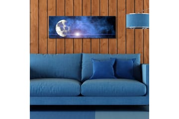 Lerretsbilde med LED-belysning 30x90 cm - Månen på en stjernehimmel med tåke - Mørk blå / Lys blå / Hvit - Interiør - Maleri & posters - Lerretsbilder
