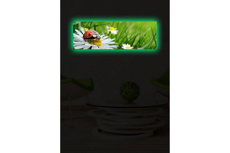 Lerretsbilde med LED-belysning 30x90 cm - Marihøne på en blomst i et frodig miljø - Grønn / Hvit / Rød - Interiør - Maleri & posters - Lerretsbilder