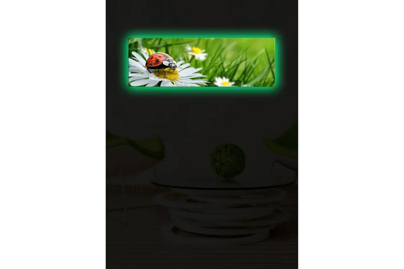 Lerretsbilde med LED-belysning 30x90 cm - Marihøne på en blomst i et frodig miljø - Grønn / Hvit / Rød - Interiør - Maleri & posters - Lerretsbilder