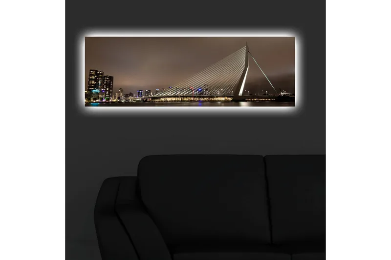 Lerretsbilde med LED-belysning 30x90 cm - Moderne brokonstruksjon med byens skyline i bakgrunnen - Mørk blå / Grå / Hvit - Interiør - Maleri & posters - Lerretsbilder
