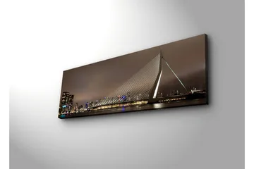 Lerretsbilde med LED-belysning 30x90 cm - Moderne brokonstruksjon med byens skyline i bakgrunnen - Mørk blå / Grå / Hvit - Interiør - Maleri & posters - Lerretsbilder