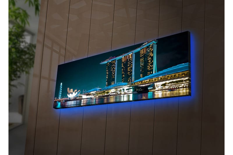 Lerretsbilde med LED-belysning 30x90 cm - Moderne bybilde med futuristiske bygninger ved vannoverflaten - Mørk blå / Lys blå / Hvit - Interiør - Maleri & posters - Lerretsbilder