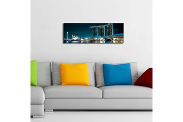 Lerretsbilde med LED-belysning 30x90 cm - Moderne bybilde med futuristiske bygninger ved vannoverflaten - Mørk blå / Lys blå / Hvit - Interiør - Maleri & posters - Lerretsbilder