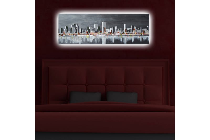 Lerretsbilde med LED-belysning 30x90 cm - Moderne bybilde med silhuetter av bygninger - Grå / Hvit / Oransje - Interiør - Maleri & posters - Lerretsbilder
