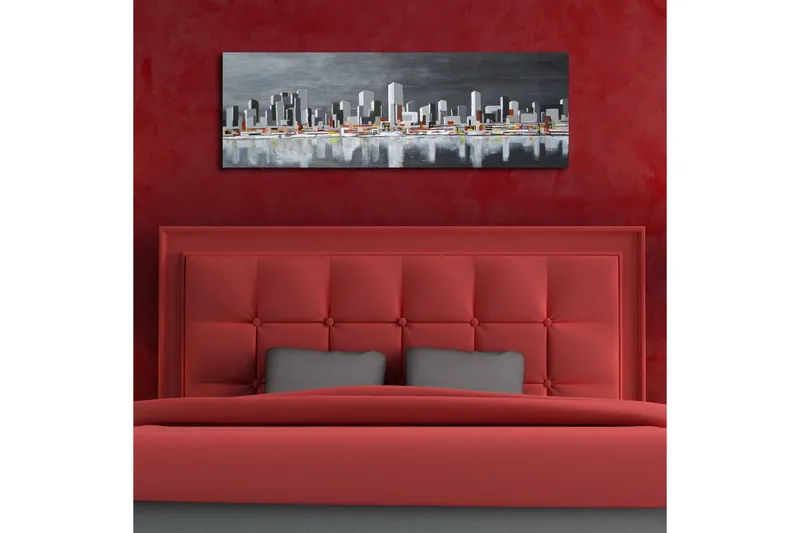 Lerretsbilde med LED-belysning 30x90 cm - Moderne bybilde med silhuetter av bygninger - Grå / Hvit / Oransje - Interiør - Maleri & posters - Lerretsbilder