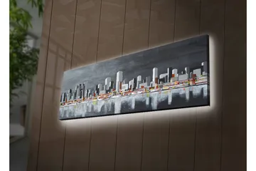 Lerretsbilde med LED-belysning 30x90 cm - Moderne bybilde med silhuetter av bygninger - Grå / Hvit / Oransje - Interiør - Maleri & posters - Lerretsbilder
