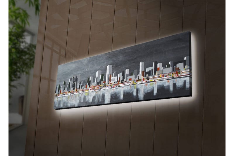 Lerretsbilde med LED-belysning 30x90 cm - Moderne bybilde med silhuetter av bygninger - Grå / Hvit / Oransje - Interiør - Maleri & posters - Lerretsbilder