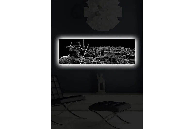 Lerretsbilde med LED-belysning 30x90 cm - Musiker som spiller fiolin med en bysilhuett i bakgrunnen - Svart / Hvit - Interiør - Maleri & posters - Lerretsbilder