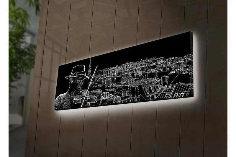 Lerretsbilde med LED-belysning 30x90 cm - Musiker som spiller fiolin med en bysilhuett i bakgrunnen - Svart / Hvit - Interiør - Maleri & posters - Lerretsbilder