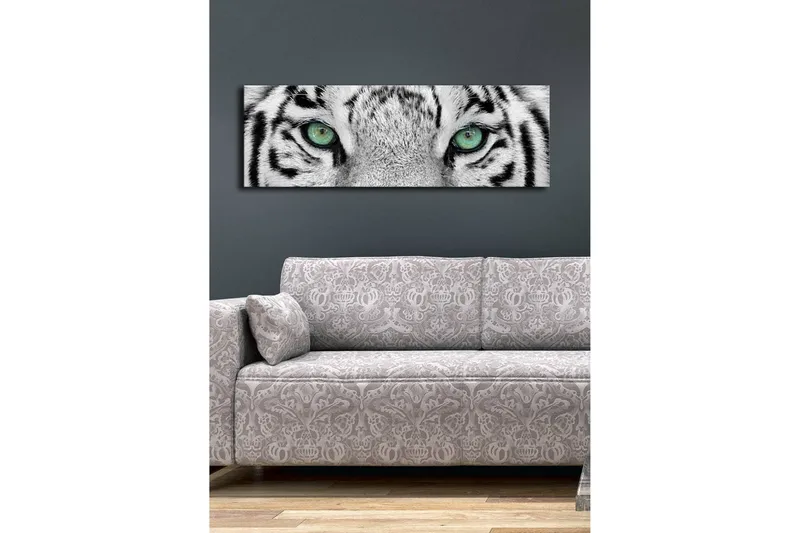 Lerretsbilde med LED-belysning 30x90 cm - Nærbilde av en hvit tigers øyne med intense detaljer - Hvit / Svart / Grønn - Interiør - Maleri & posters - Lerretsbilder