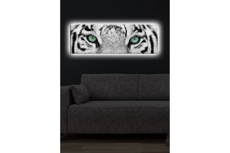 Lerretsbilde med LED-belysning 30x90 cm - Nærbilde av en hvit tigers øyne med intense detaljer - Hvit / Svart / Grønn - Interiør - Maleri & posters - Lerretsbilder