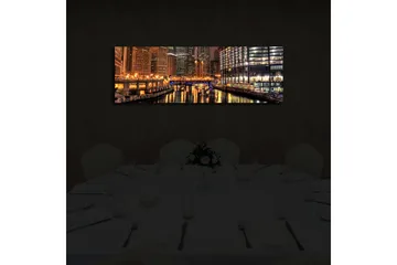 Lerretsbilde med LED-belysning 30x90 cm - Nattlandskap med refleksjoner i vannet - Gull / Blå / Svart - Interiør - Maleri & posters - Lerretsbilder