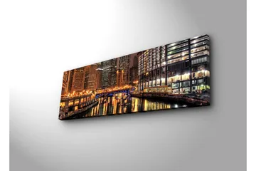Lerretsbilde med LED-belysning 30x90 cm - Nattlandskap med refleksjoner i vannet - Gull / Blå / Svart - Interiør - Maleri & posters - Lerretsbilder