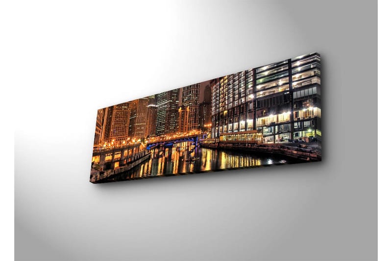 Lerretsbilde med LED-belysning 30x90 cm - Nattlandskap med refleksjoner i vannet - Gull / Blå / Svart - Interiør - Maleri & posters - Lerretsbilder