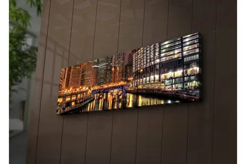 Lerretsbilde med LED-belysning 30x90 cm - Nattlandskap med refleksjoner i vannet - Gull / Blå / Svart - Interiør - Maleri & posters - Lerretsbilder